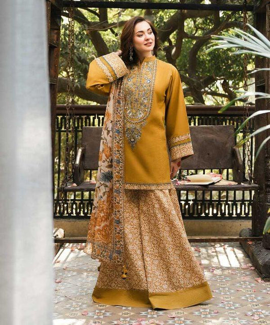 3 Piece Unstitched Dhanak Suit with Soft Wool Printed Shawl