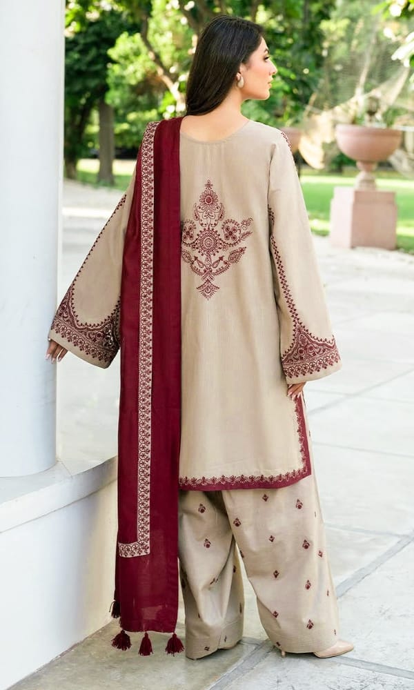 Premium 3 Piece Unstitched Dhanak Suit with Heavy Embroidered Shawl