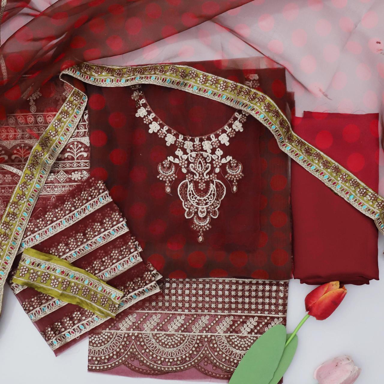 3 Piece Unstitched Embroidered Organza Suit