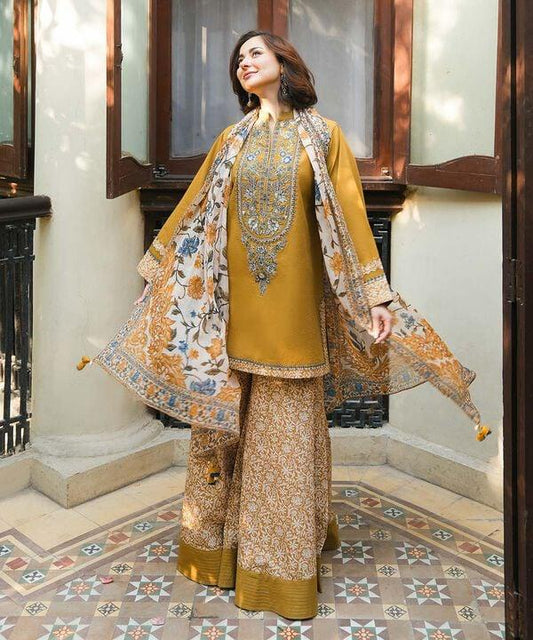 3 Piece Unstitched Dhanak Suit with Soft Wool Printed Shawl
