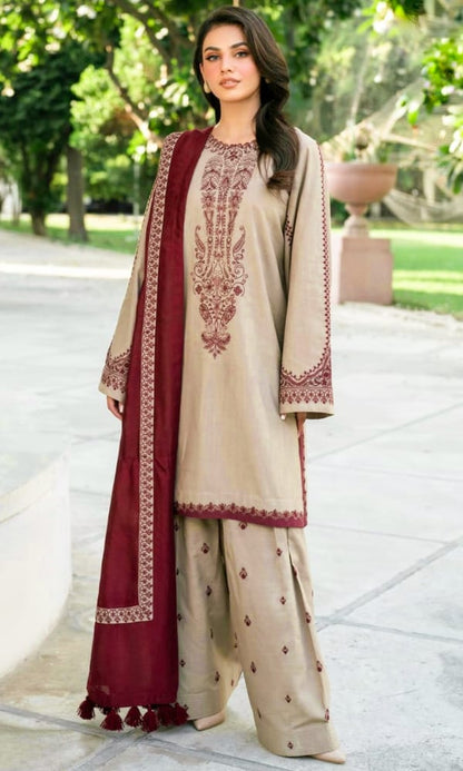 Premium 3 Piece Unstitched Dhanak Suit with Heavy Embroidered Shawl