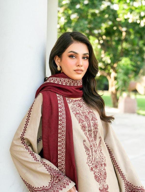 Premium 3 Piece Unstitched Dhanak Suit with Heavy Embroidered Shawl