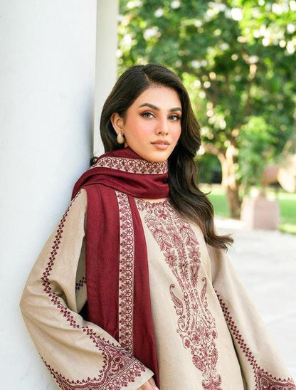 Premium 3 Piece Unstitched Dhanak Suit with Heavy Embroidered Shawl