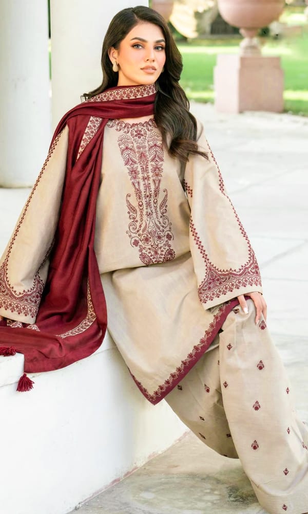Premium 3 Piece Unstitched Dhanak Suit with Heavy Embroidered Shawl